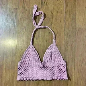 Vintage Hand Knit Crochet Pearl Pink Halter Crop Top Blouse Festival XL Womens